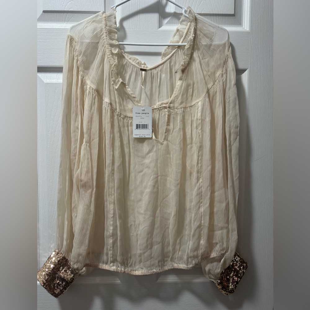 Free People Cream Blouse with Sequin Hem